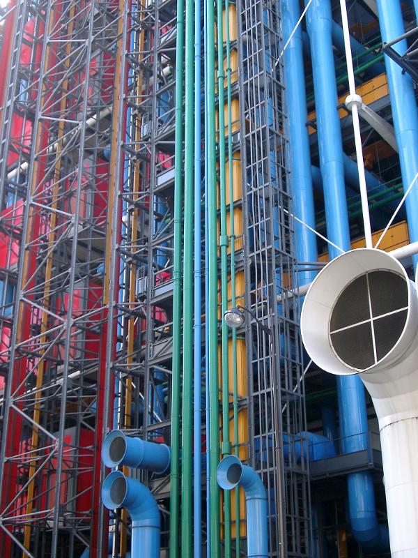 Close up Tall Colored Bars and Pipes at Centre Georges Pompidou Complex Building