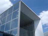 Looking Up at Grande Arche de la Defense Monument in Paris, France