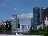 Various Architectural Building Structures at La Defense Isolated on Light Blue Sky Background.