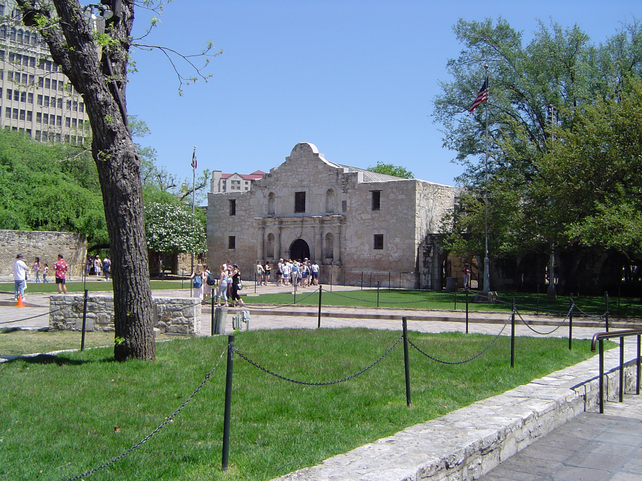 an image of Grassy Landscape, Tall Trees and Tourists in Front Famous Historic Alamo Building. Isolated on Light Blue Sky Background.