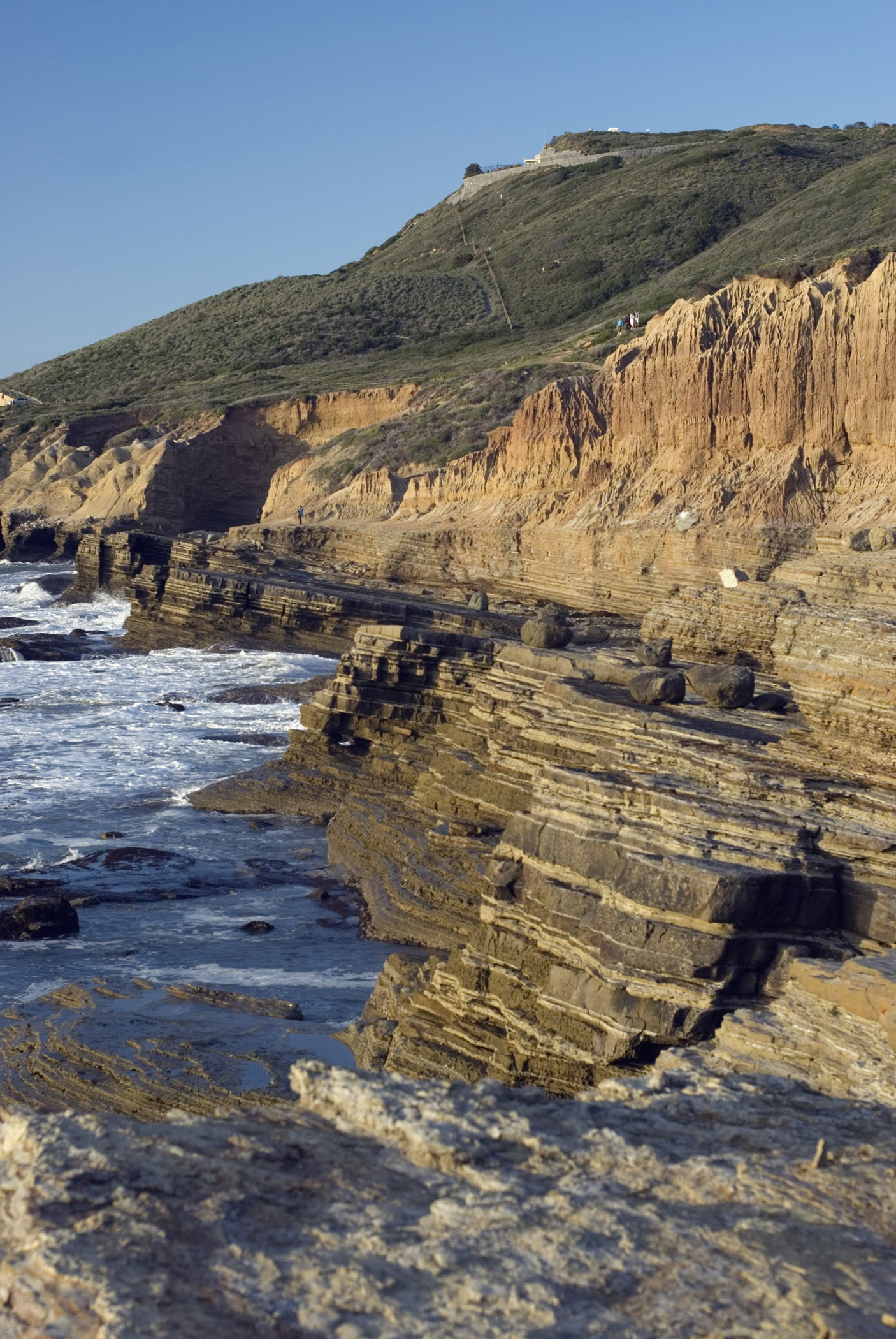 an image of Beautiful Cabrillo Coast Tourist Attraction at San Diego. Captured with Grassy Hill Along the Sea. Isolated on Light Blue Sky Background.