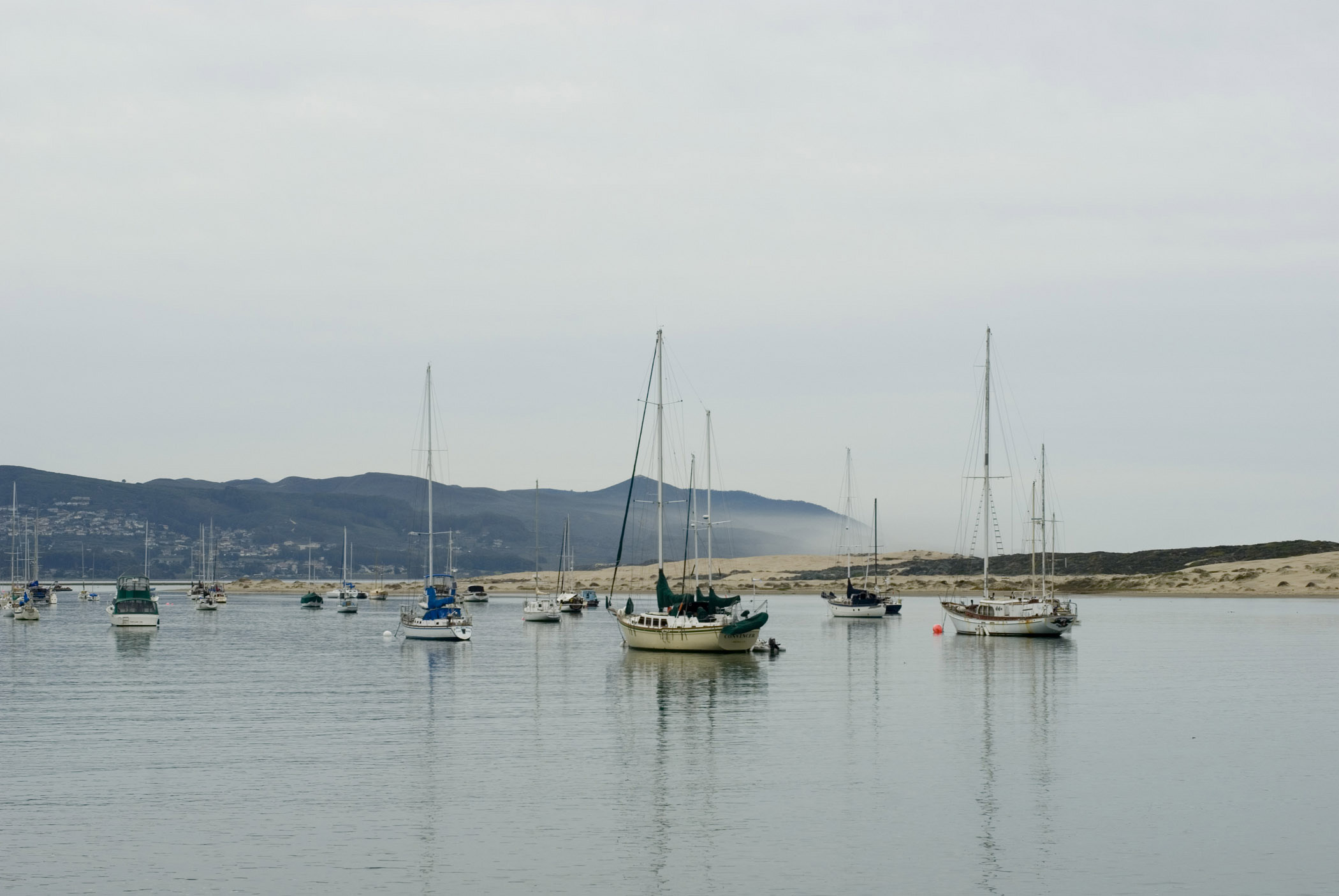 an image of Sailboats Anchored in Morro Bay, California Under Overcast Sky