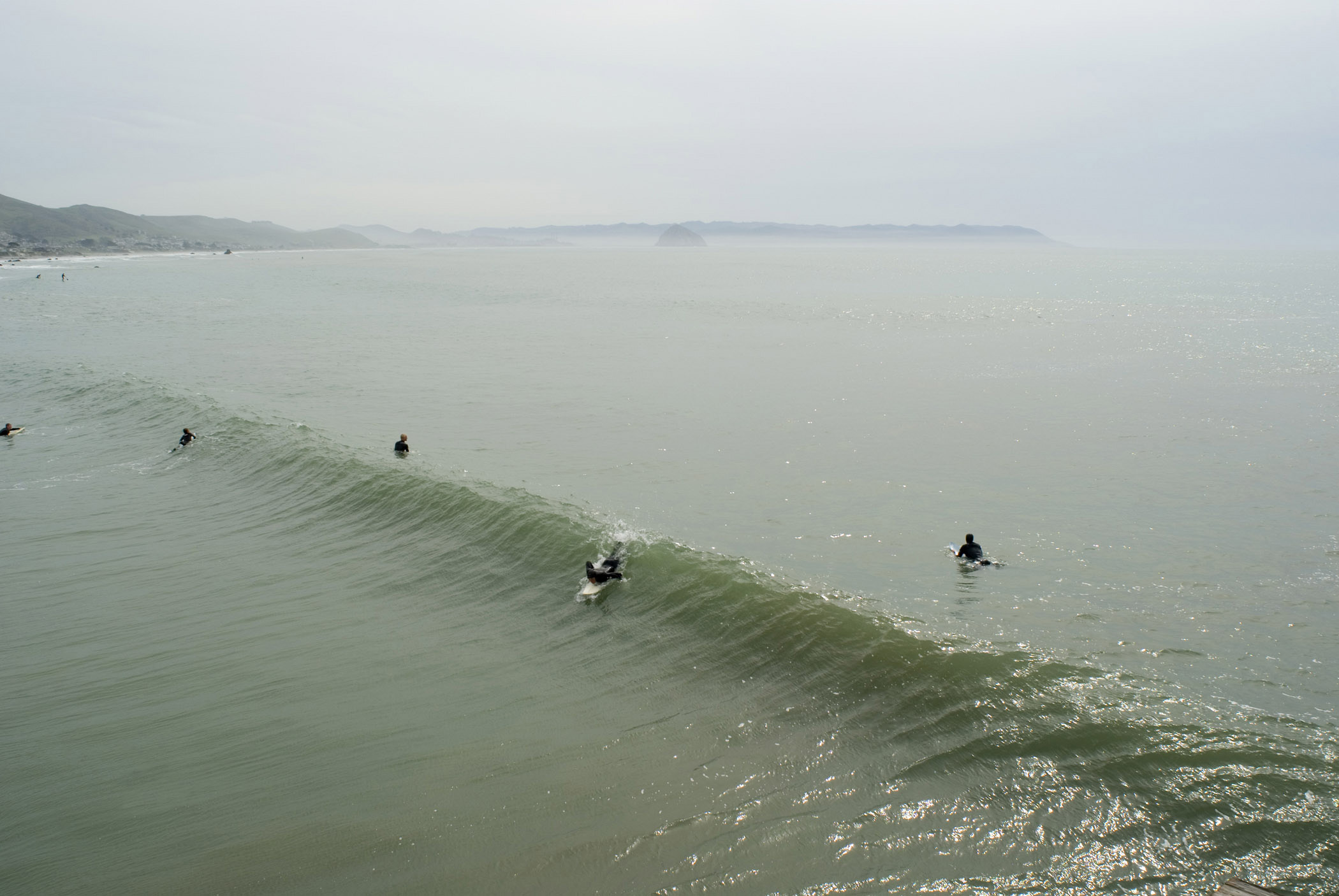 an image of Professional Surfers at Beautiful California Beach in Aerial Extensive View. Isolated on Foggy Sky Background.