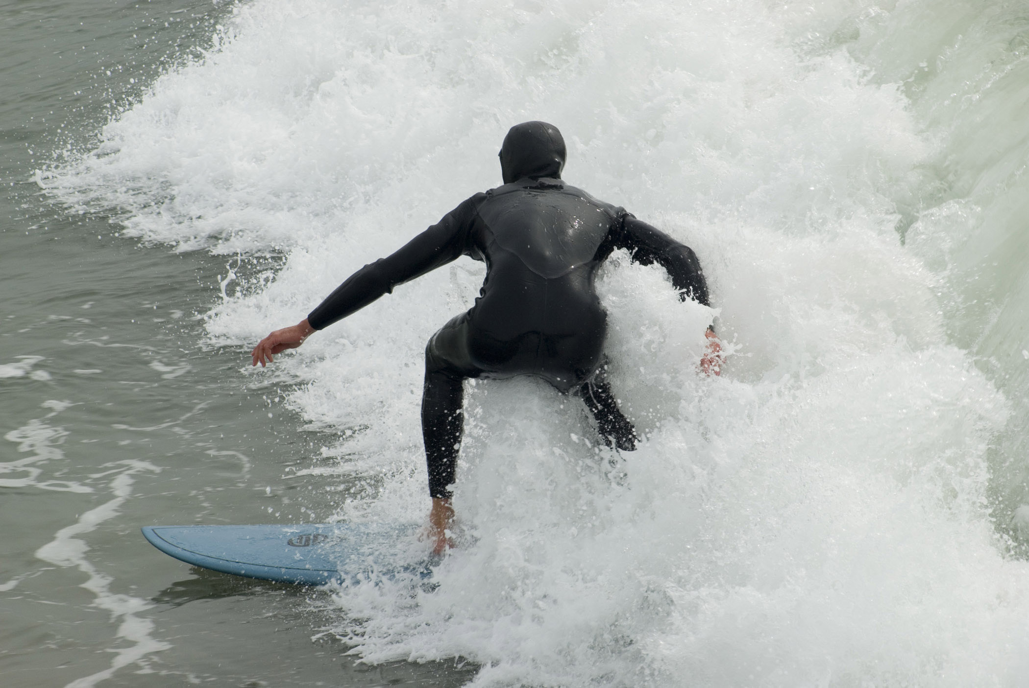 an image of California surfer with a back view of a surfer in a wetsuit riding a breaking wave on a surfboard