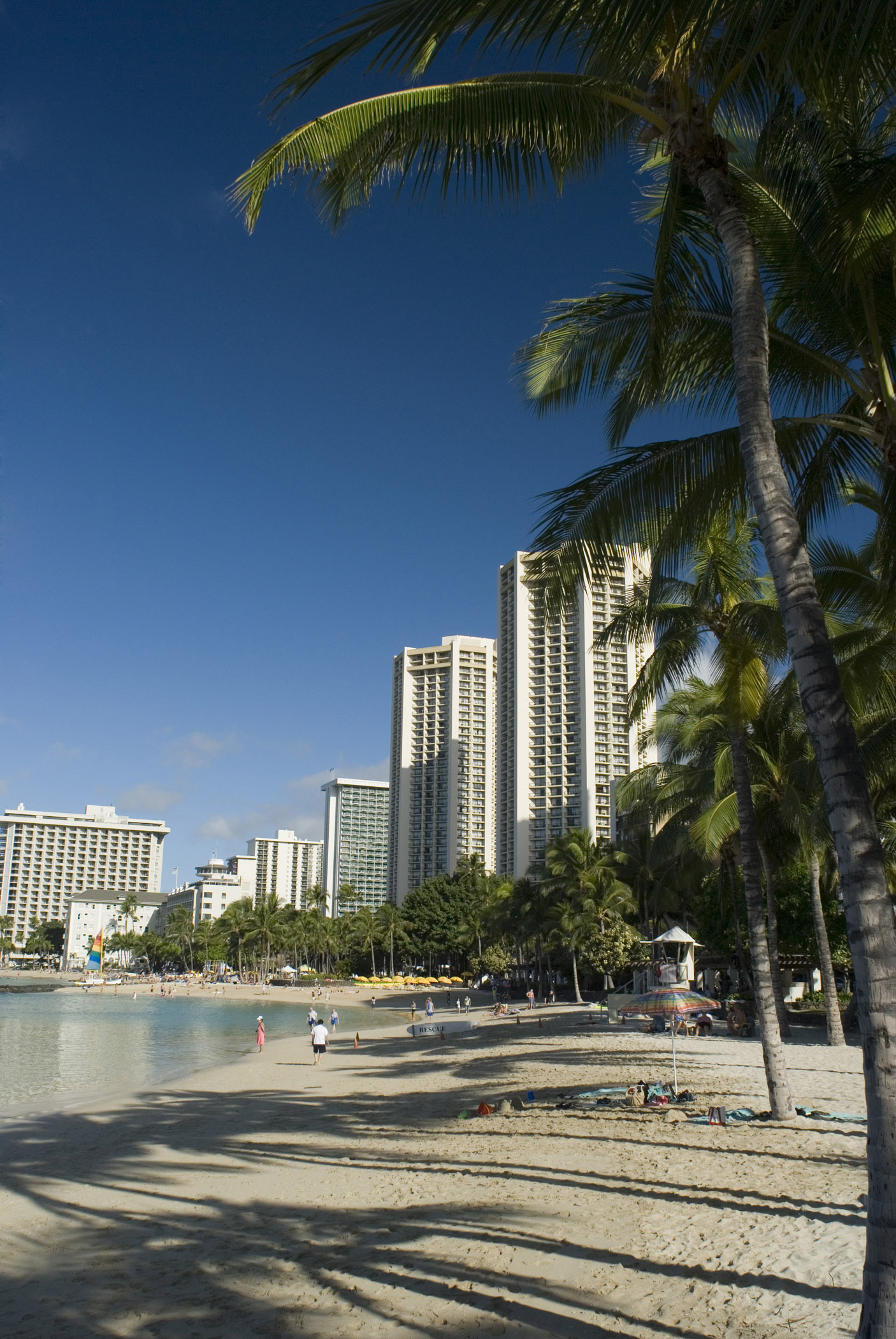 an image of Scenic view of Waikiki Beach, Oahu Island, Hawaii, with its golden sand, palm trees and apartment buildings