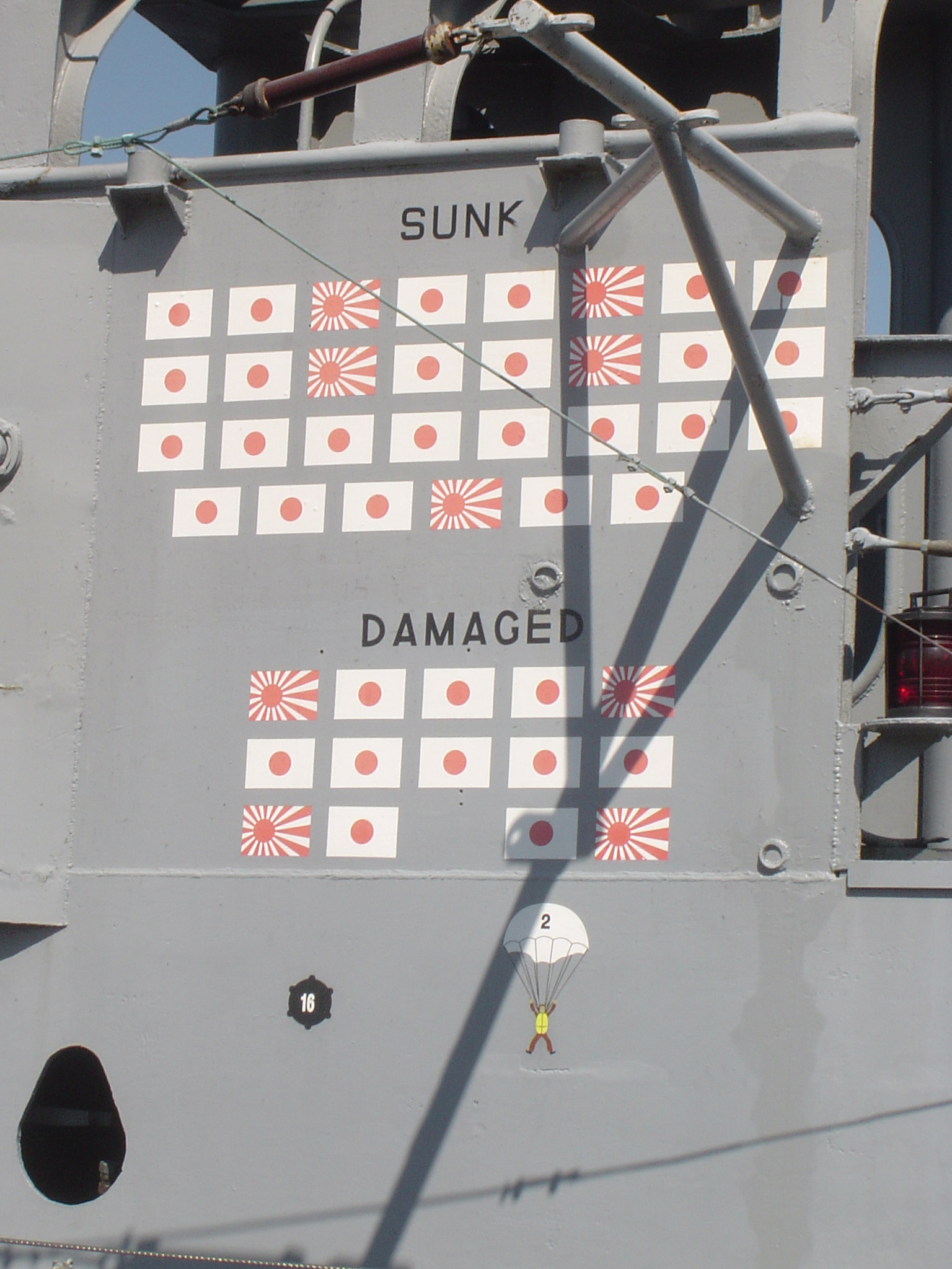 an image of Tally of sunk and damaged Japanese U boats painted on the side of an American navy vessel