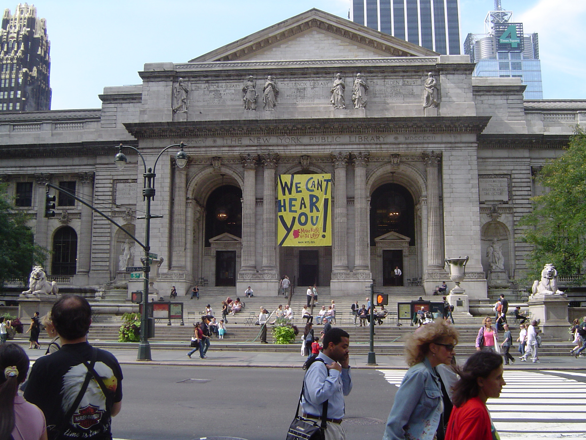 an image of Random People Passing In Front Old Vintage New York Public Library Building on Street Side. Captured Front View.