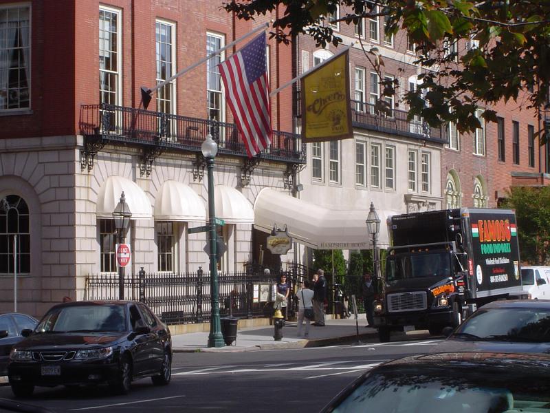Famous Cheers Bar Vintage Building Along Beacon Street in Boston.