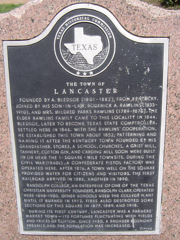 Informational plaque on the town of Lancaster, Texas, USA giving the history of its founding and expansion