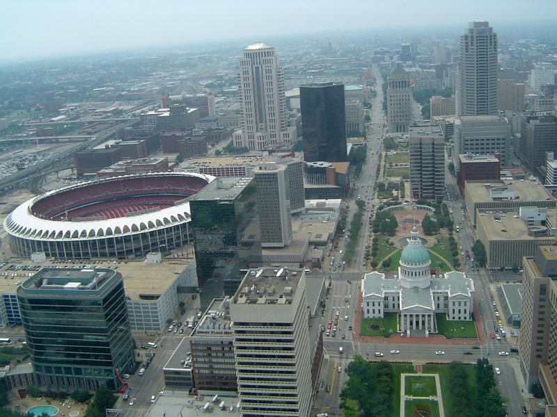 Aerial view of St louis, Missouri, USA showing the layout and architecture under a thin veil of pollution and smog