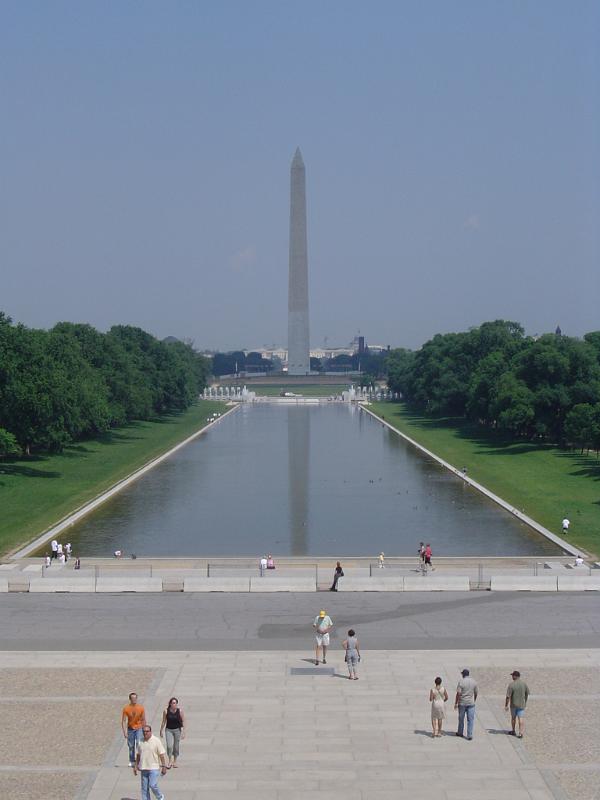 Famous Lincoln Memorial Reflecting Pool In Front Washington Monument in Washington D.C. Isolated on Blue Gray Sky Background.
